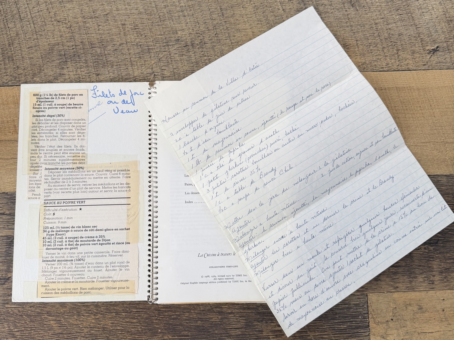 An open recipe book filled with clippings, handwritten notes, and a loose handwritten recipe page.